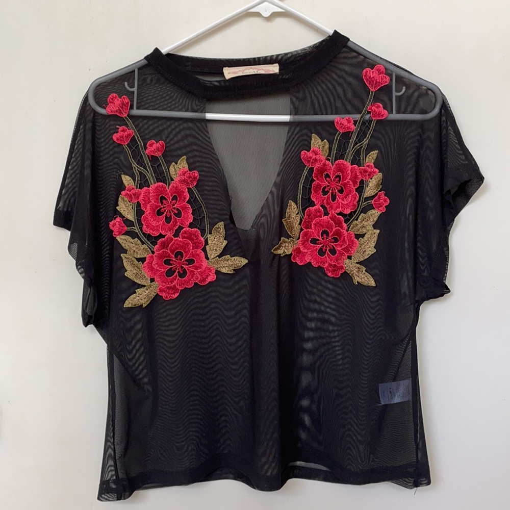 Black mesh shirt with flowers